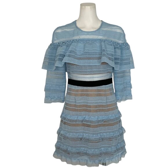 Self Portrait Stripe Grid Lace Ruffle Dress 6 Blue Mini 3/4 Sleeve Wedding Guest - Picture 1 of 13